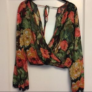 Wrap sheer flowery blouse